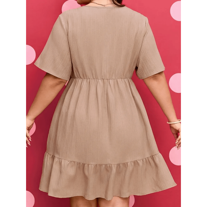 SALE!!!  Britton Khaki Plus Size Textured Ruffled Short Sleeve Dress
