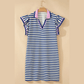 Lilybeth Dark Blue Striped Shift Dress Colorblock V Neck Short Sleeve Casual Summer