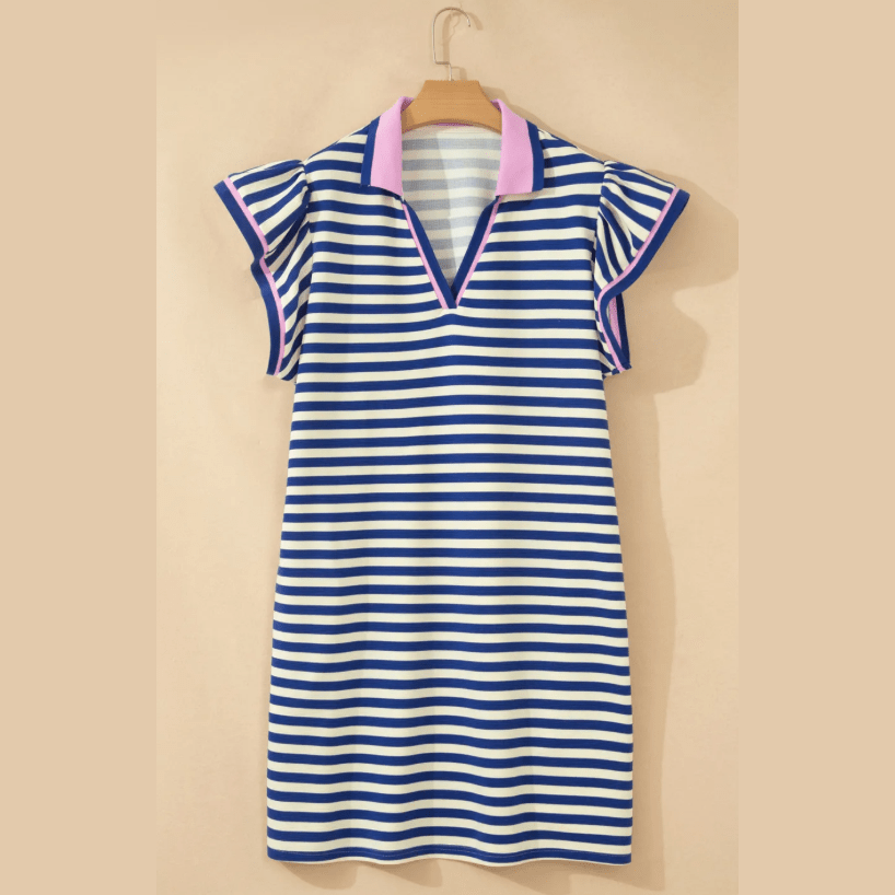 Lilybeth Dark Blue Striped Shift Dress Colorblock V Neck Short Sleeve Casual Summer