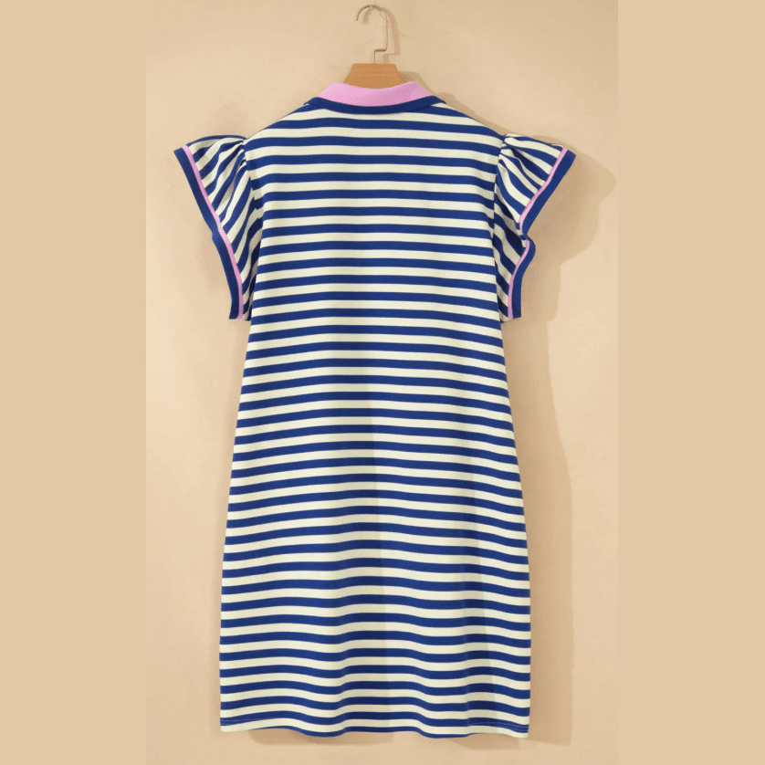 Lilybeth Dark Blue Striped Shift Dress Colorblock V Neck Short Sleeve Casual Summer
