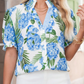 RTS Sky Blue Palm Floral Print Striped Patchwork V Neck Short Sleeve Blouse