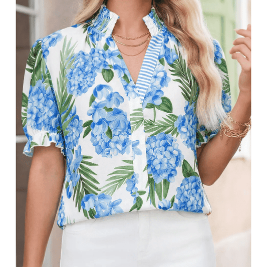 RTS Sky Blue Palm Floral Print Striped Patchwork V Neck Short Sleeve Blouse