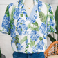 RTS Sky Blue Palm Floral Print Striped Patchwork V Neck Short Sleeve Blouse
