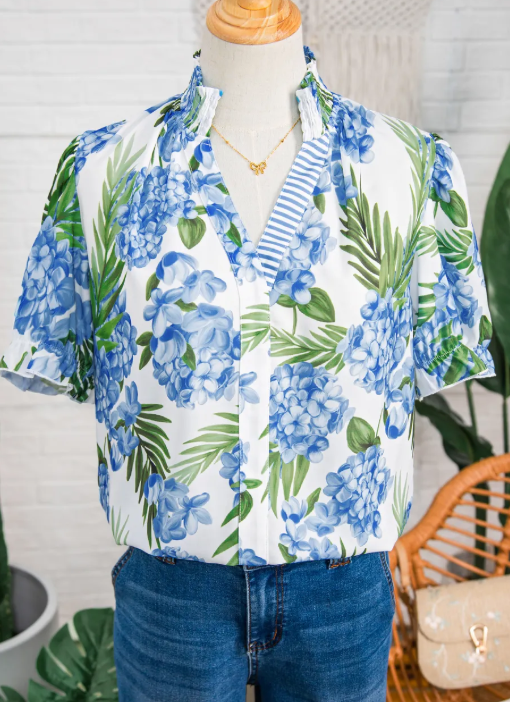 RTS Sky Blue Palm Floral Print Striped Patchwork V Neck Short Sleeve Blouse
