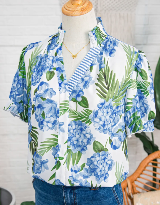 RTS Sky Blue Palm Floral Print Striped Patchwork V Neck Short Sleeve Blouse
