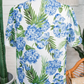 RTS Sky Blue Palm Floral Print Striped Patchwork V Neck Short Sleeve Blouse