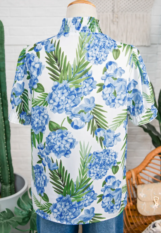 RTS Sky Blue Palm Floral Print Striped Patchwork V Neck Short Sleeve Blouse