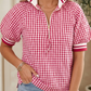RTS Red Gingham Striped Patchwork Half Zip Blouse