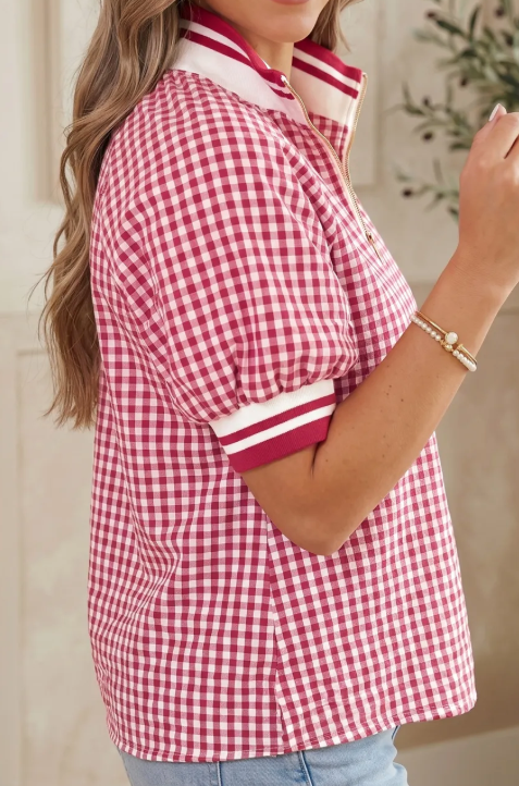 RTS Red Gingham Striped Patchwork Half Zip Blouse