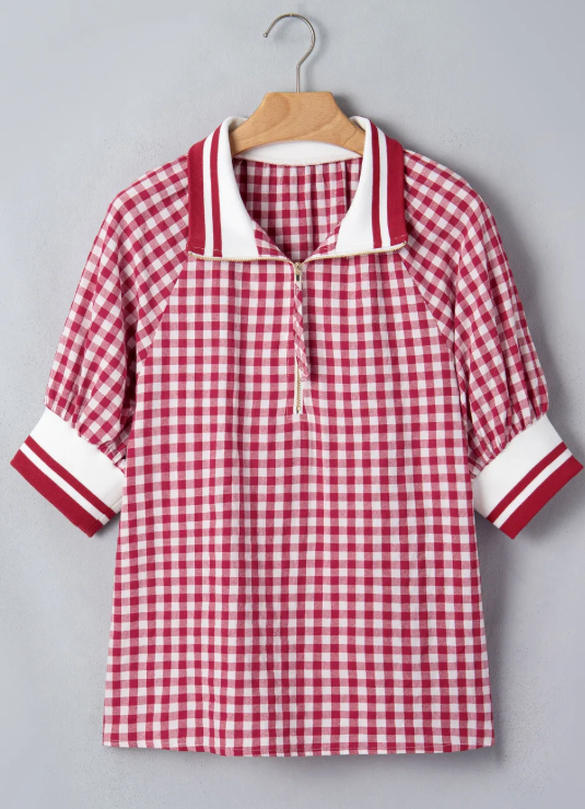 RTS Red Gingham Striped Patchwork Half Zip Blouse