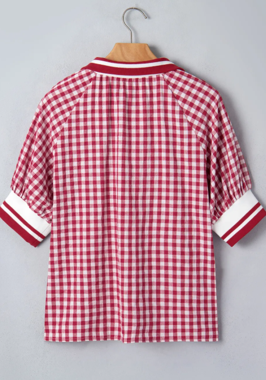 RTS Red Gingham Striped Patchwork Half Zip Blouse