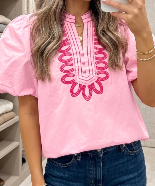 RTS Pink Boho Embroidered Detail Puff Sleeve Cotton Blouse