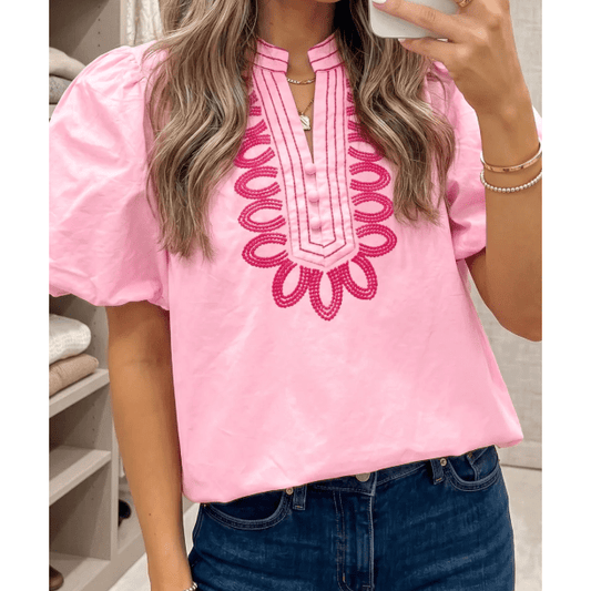 RTS Pink Boho Embroidered Detail Puff Sleeve Cotton Blouse