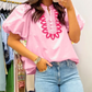 RTS Pink Boho Embroidered Detail Puff Sleeve Cotton Blouse