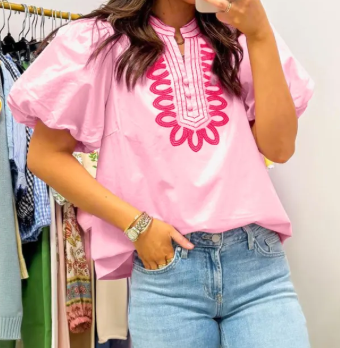 RTS Pink Boho Embroidered Detail Puff Sleeve Cotton Blouse