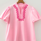 RTS Pink Boho Embroidered Detail Puff Sleeve Cotton Blouse