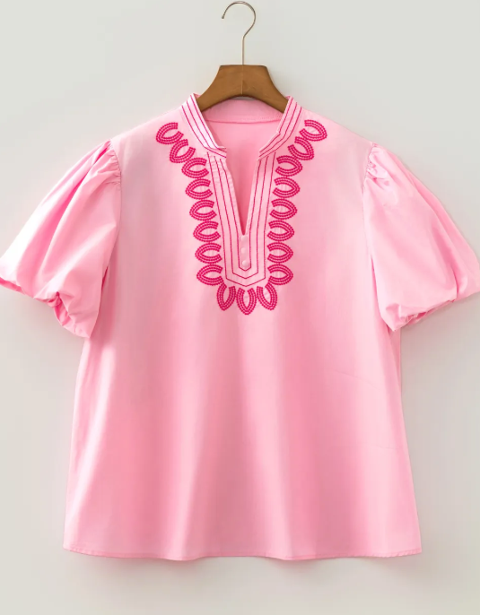 RTS Pink Boho Embroidered Detail Puff Sleeve Cotton Blouse