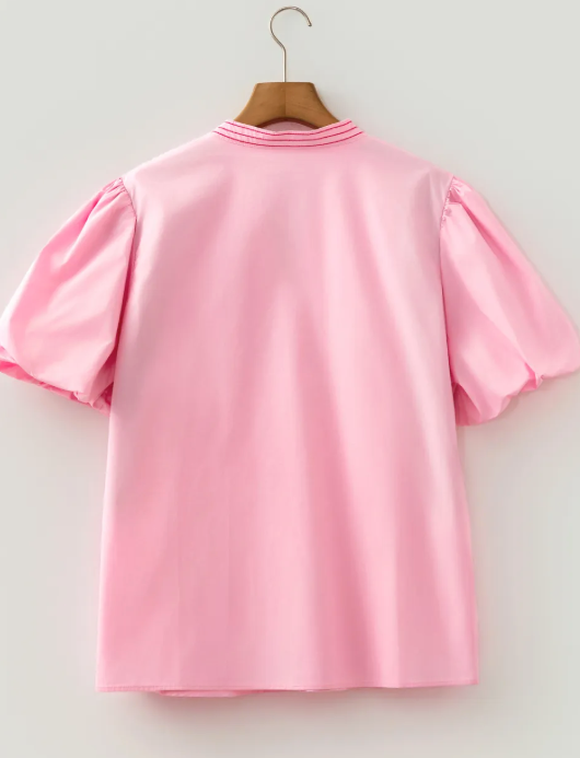 RTS Pink Boho Embroidered Detail Puff Sleeve Cotton Blouse