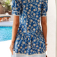 RTS Blue Striped Trim Half Buttons Short Sleeve Floral Dress