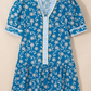 RTS Blue Striped Trim Half Buttons Short Sleeve Floral Dress