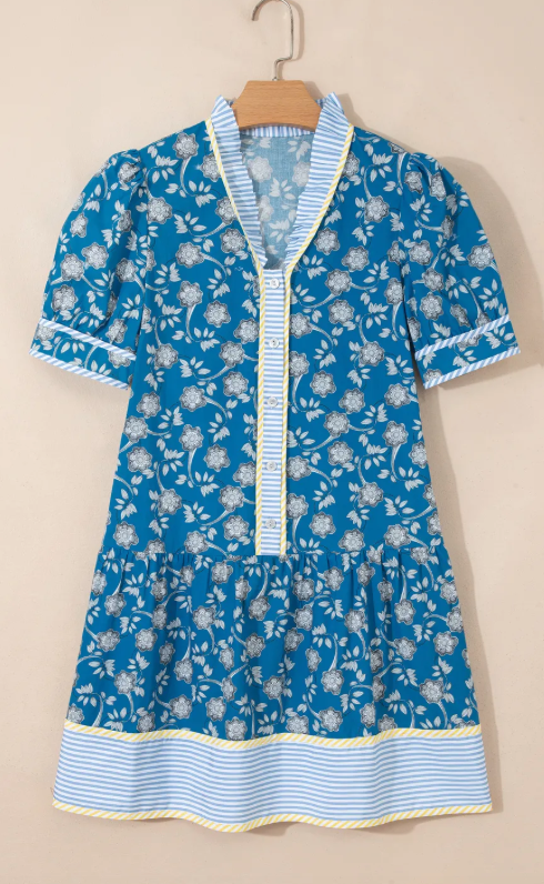 RTS Blue Striped Trim Half Buttons Short Sleeve Floral Dress