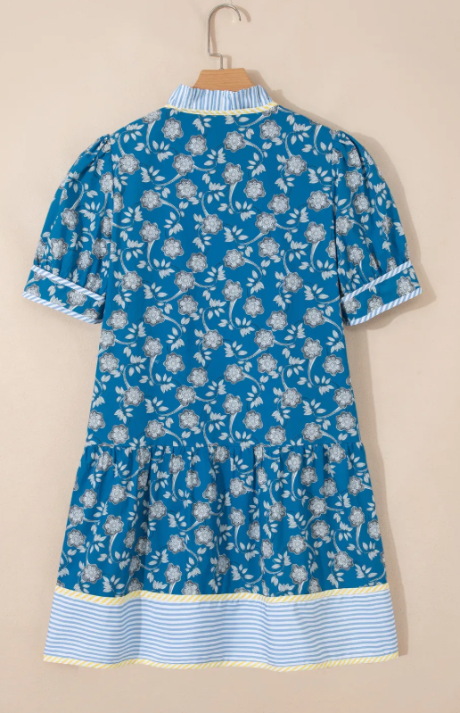 RTS Blue Striped Trim Half Buttons Short Sleeve Floral Dress