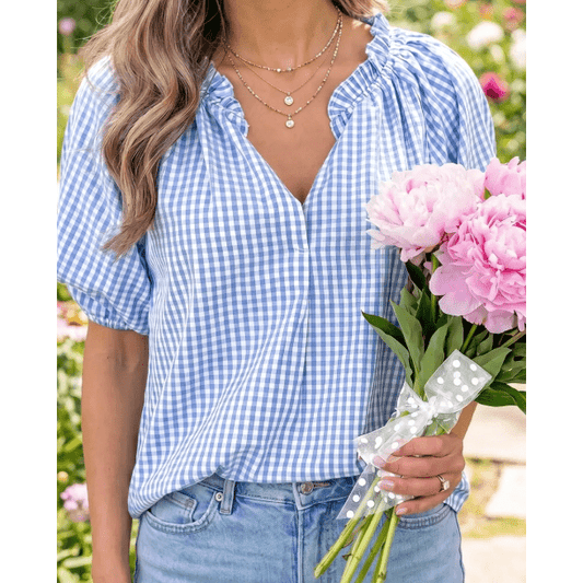 Eden Sky Blue Plaid V Neck Puff Sleeve Blouse