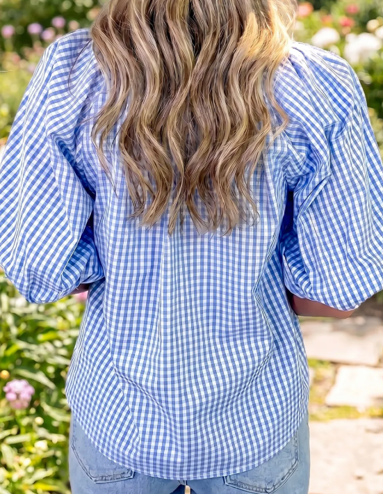 RTS Sky Blue Plaid V Neck Puff Sleeve Blouse