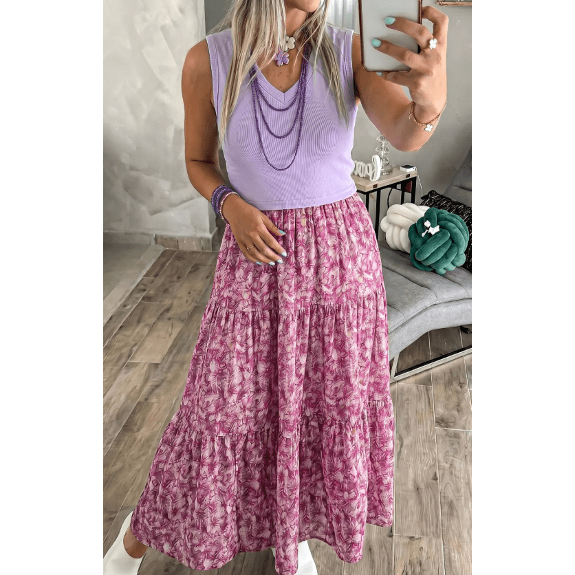 Britta Purple Ribbed V Neck Tank Floral Contrast Patchwork Long Dress