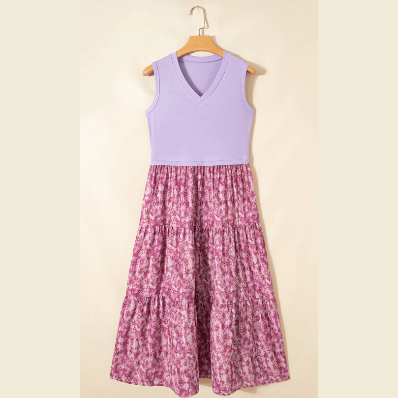 Britta Purple Ribbed V Neck Tank Floral Contrast Patchwork Long Dress