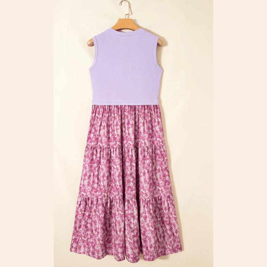 Britta Purple Ribbed V Neck Tank Floral Contrast Patchwork Long Dress