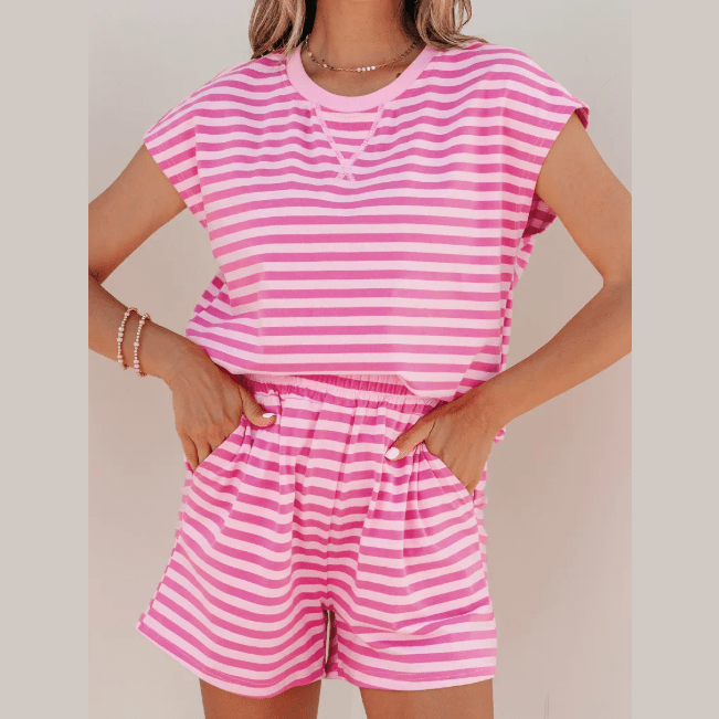 Darcy Pink Stripe Cap Sleeve Tee Elastic Waist Shorts 2pcs Outfit