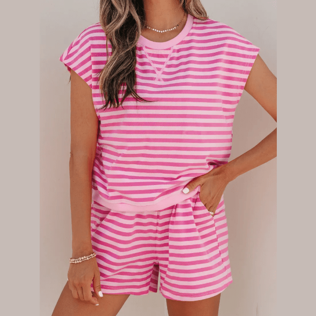 Darcy Pink Stripe Cap Sleeve Tee Elastic Waist Shorts 2pcs Outfit