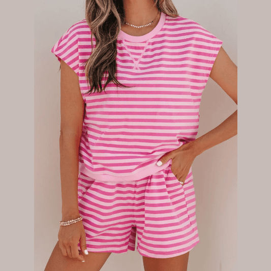 Darcy Pink Stripe Cap Sleeve Tee Elastic Waist Shorts 2pcs Outfit