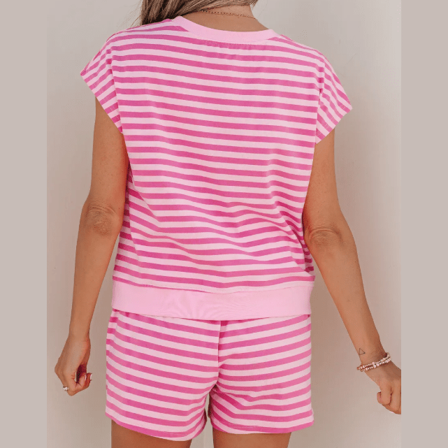 Darcy Pink Stripe Cap Sleeve Tee Elastic Waist Shorts 2pcs Outfit