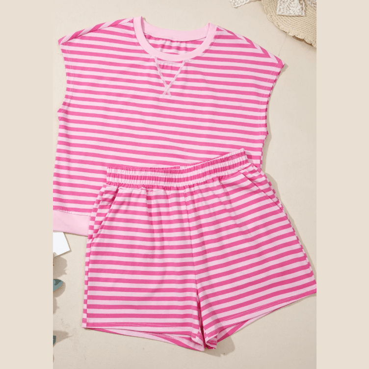 Darcy Pink Stripe Cap Sleeve Tee Elastic Waist Shorts 2pcs Outfit