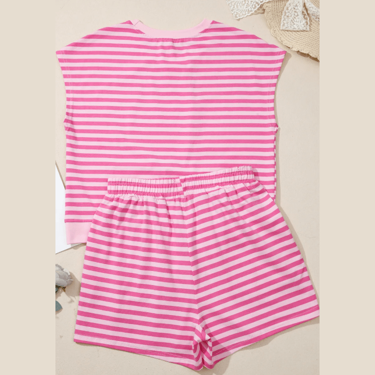 Darcy Pink Stripe Cap Sleeve Tee Elastic Waist Shorts 2pcs Outfit
