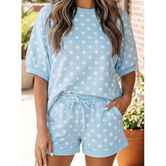 Malbi Blue Polka Dot Oversized Top Drawstring Short Set