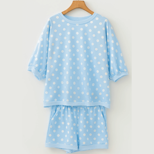 Malbi Blue Polka Dot Oversized Top Drawstring Short Set