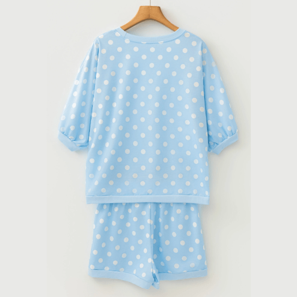 Malbi Blue Polka Dot Oversized Top Drawstring Short Set