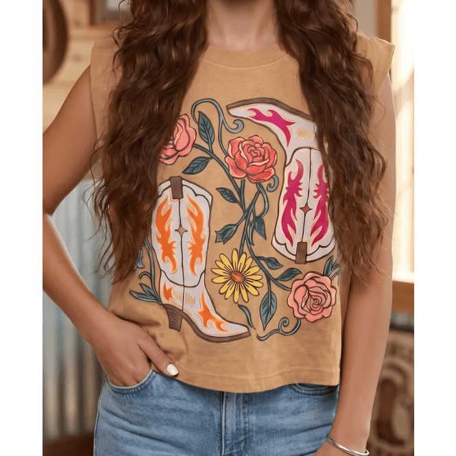 Penny Camel Western Boots Flower Printed Sleeveless Loose Tank Top