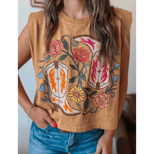 Penny Camel Western Boots Flower Printed Sleeveless Loose Tank Top