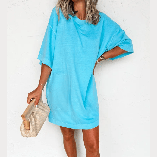 Quinn Light Blue Drop Shoulder Loose Casual T Shirt Mini Dress