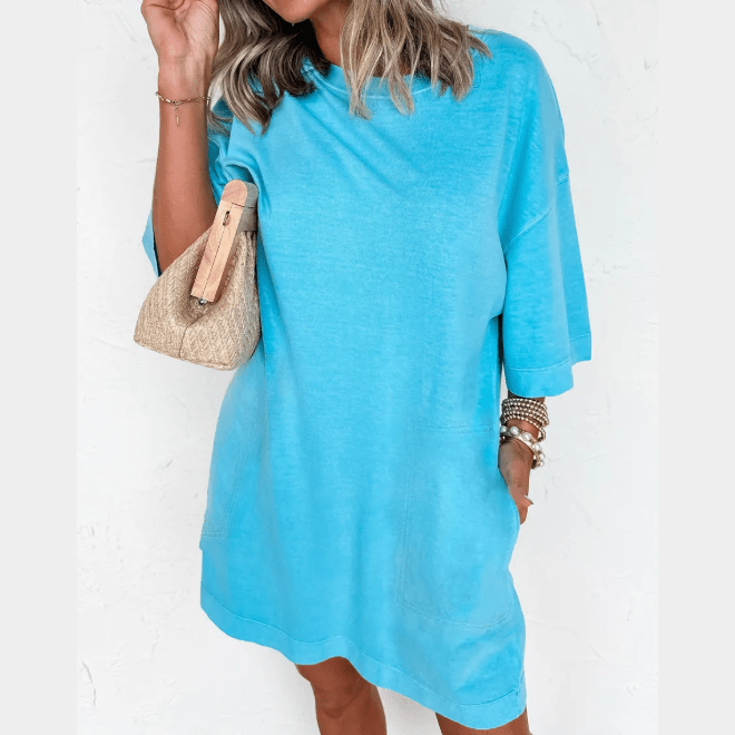 Quinn Light Blue Drop Shoulder Loose Casual T Shirt Mini Dress