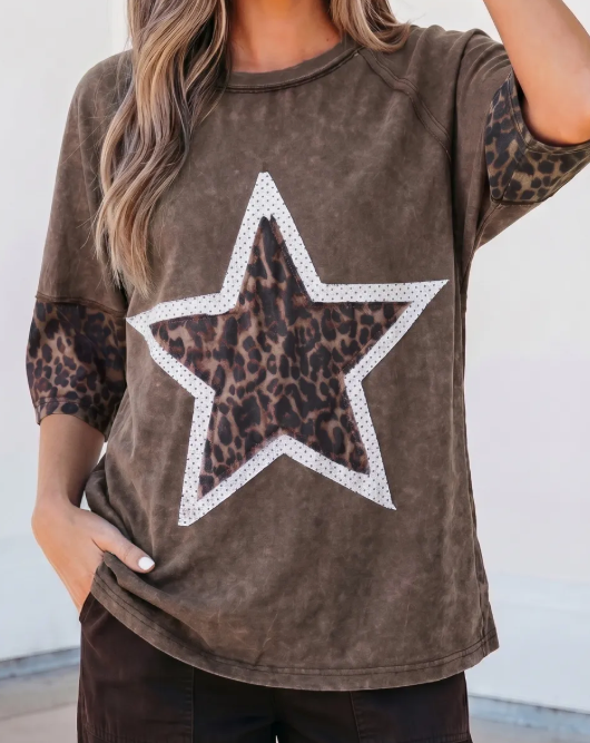 Arissa Coffee Mineral Wash Exposed Seam Leopard Star Patched T Shirt