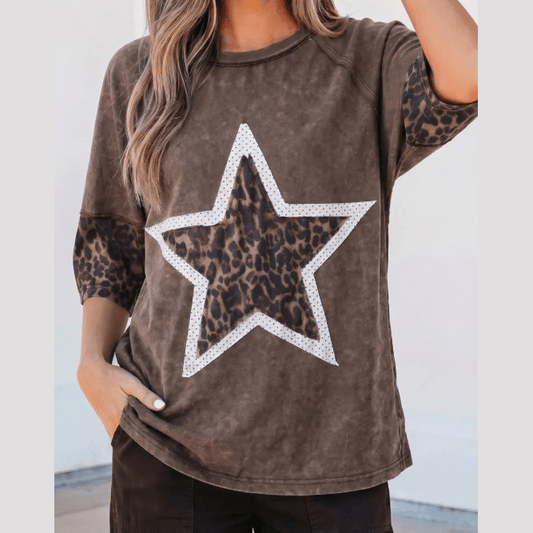 Arissa Coffee Mineral Wash Exposed Seam Leopard Star Patched T Shirt