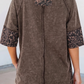 Arissa Coffee Mineral Wash Exposed Seam Leopard Star Patched T Shirt