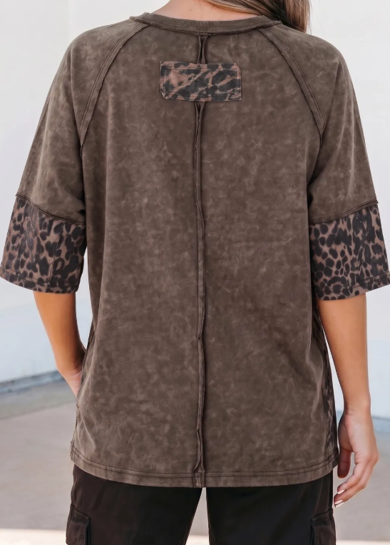 Arissa Coffee Mineral Wash Exposed Seam Leopard Star Patched T Shirt