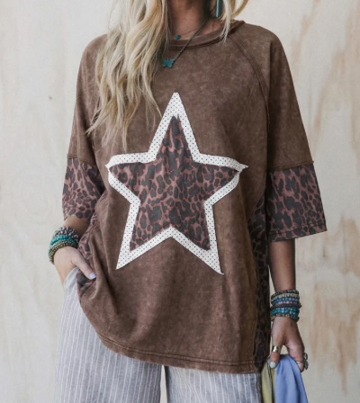 Arissa Coffee Mineral Wash Exposed Seam Leopard Star Patched T Shirt