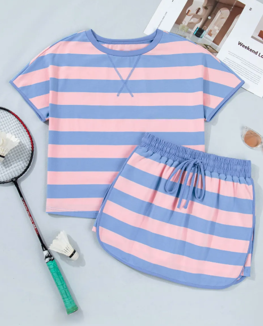 Bertha Pink Pink Stripe Dolman Tee Drawstring Skort Athletic 2pcs Set